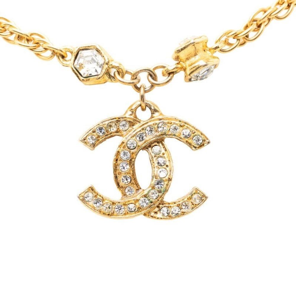 Chanel CC Logo Chain Pendant Necklace Gold Plated Rhinestone